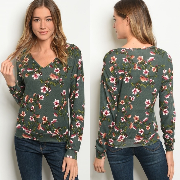 Available by Angela Fashion Tops - 💚Soft Forest Green V-neck Floral Top